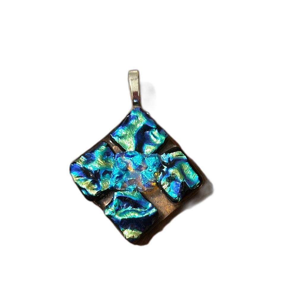 Dichroic Glass Pendant Iridescent Blue Green Shimmer Handcrafted Art Glass Jewel